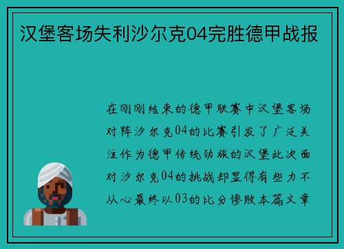 汉堡客场失利沙尔克04完胜德甲战报